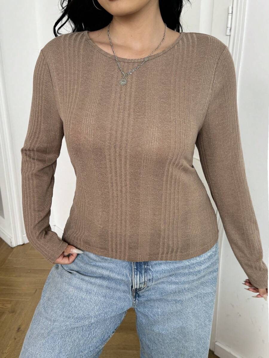 SHEIN EZwear Plus Size Women Casual Solid Color Knit T-Shirt - Camel - View 1