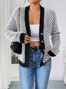 Chiquease Áo len cardigan dài tay in họa tiết sọc cổ chữ V phía trước - màu đen - Xem 4