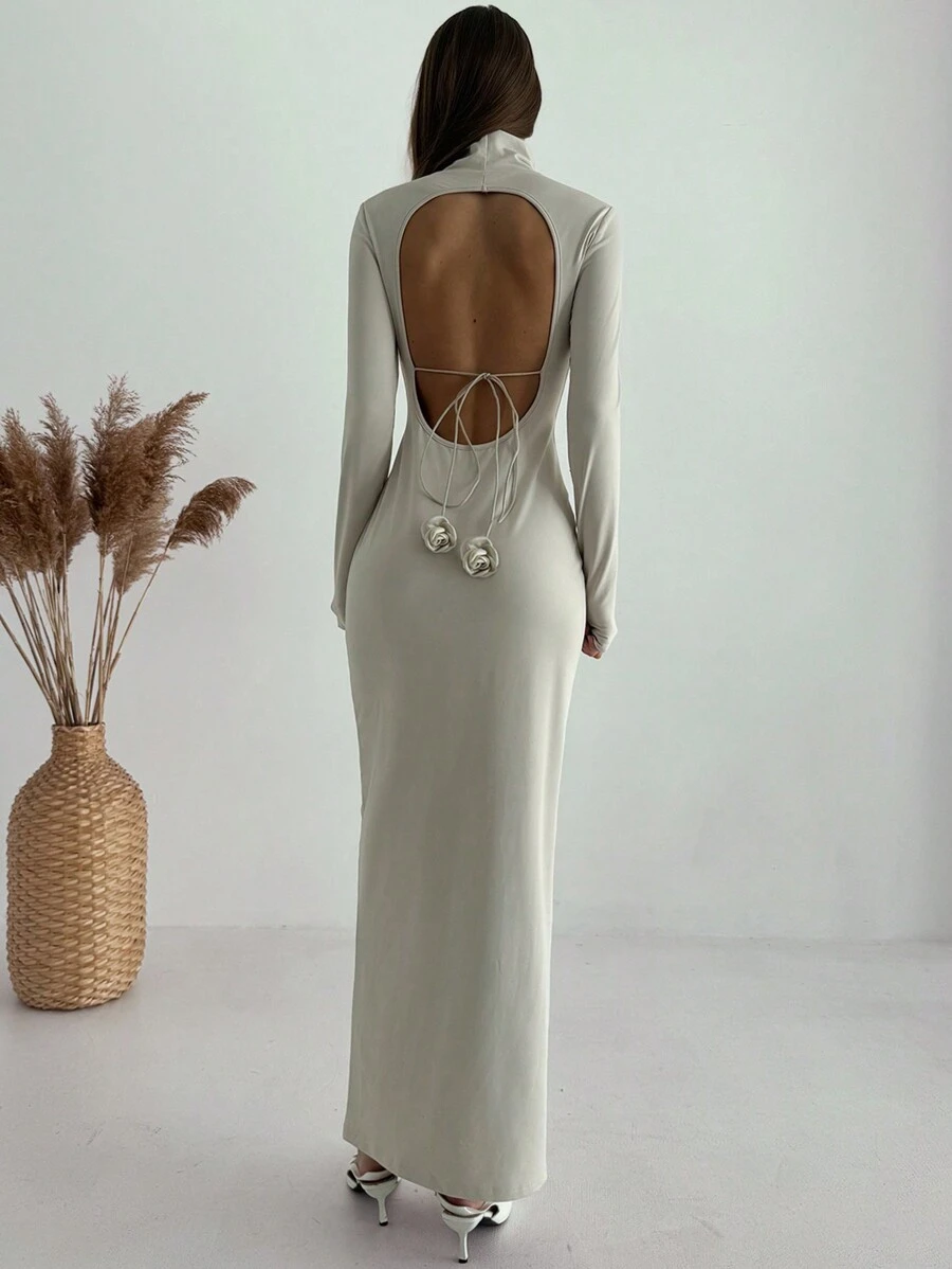 Aloruh 2022 Fashion High Collar Bodycon Off-Shoulder Backless Tie-Up H-Shaped Hem Dress - Beige - View 1