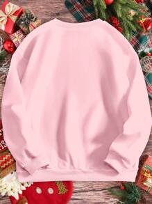 Tween Girls' Christmas Santa Claus Graphic Round Neck Long Sleeve Loose Casual Sweatshirt, Autumn/Winter - Pink - View 2
