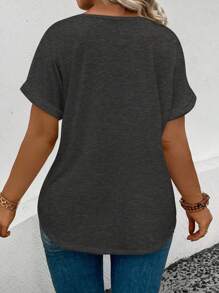 INAWLY Camiseta informal de talla grande de unicolor con cuello en V y puños vueltos - Gris Oscuro - Ver 2