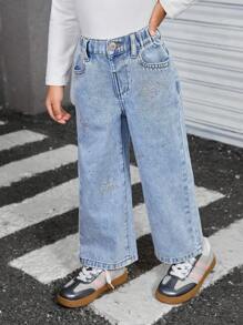 Young Girl Casual Sparkling Rhinestone Butterfly Embellished Washed Jeans - Light Wash - View 6