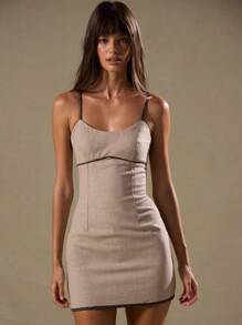 MUSERA Structured Contrast Seam Mini Dress Old Money Spring Elegant Holiday Cute Spring Summer Ibiza Beach Rave Festival Night Out Date Night Birthday - Camel - View 1