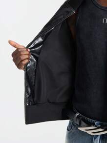 Manfinity VCAY Men Street Fashion Black Faux Leather Zip-Up Long Sleeve Jacket, For Fall Winter - Black - View 7