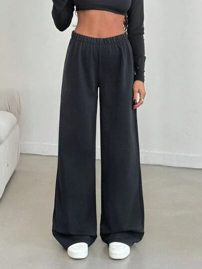 EURMUSE Women Solid Color Mid Waist Straight Pants