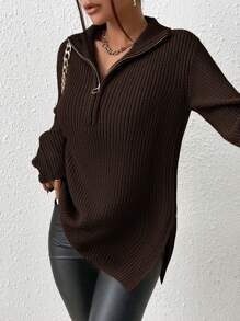 SHEIN Frenchy Half Zip Ribbed Knit Drop Shoulder Split Hem Grain Sweater - Chocolate Brown - View 5