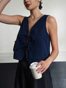 INAWLY Women Casual Solid Color Front Knot Loose Fit Tank Top, Summer - Navy Blue - View 4