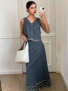 DAZY Women Denim Vest And Frayed Hem Denim Skirt Set - Medium Wash - View 4