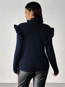 Franclia Plus Size Casual Solid Color Lotus Ruffle Trim Fitted Sweater For Autumn/WinterKnit PulloverFall Outfit