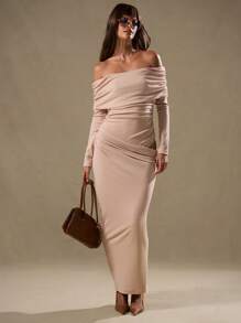 MUSERA Bardot Long Sleeve Drape Waist Maxi Dress Elegant Spring Summer Vacation Party