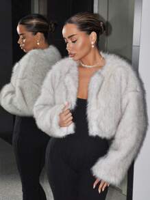 SHEIN ICON Abrigo de mujer para invierno Atuendo de Año Nuevo Chaqueta larga de manga larga con frente abierto y peludo para fiesta de unicolor, para otoño/invierno