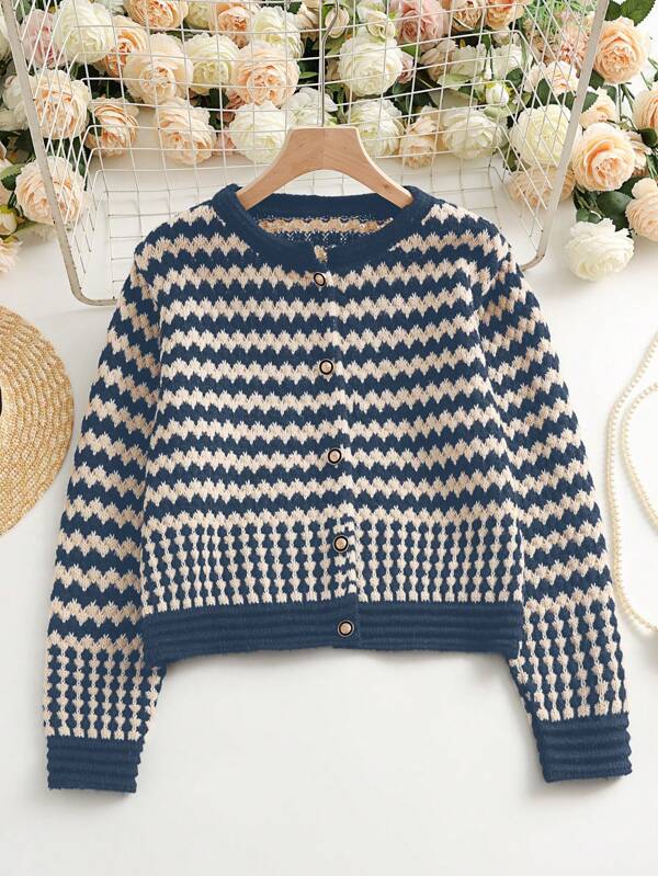 Chiquease Casual Colorblock Striped Crew Neck Cardigan, Autumn/Winter Fall Cloth For Women