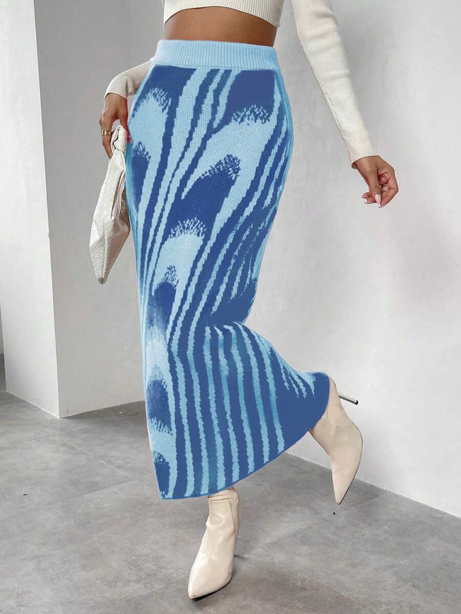 Chiquease 1pc Women's Striped Long Casual/Office Wear Knitted Skirt, Autumn/Winter - Multicolor - View 1