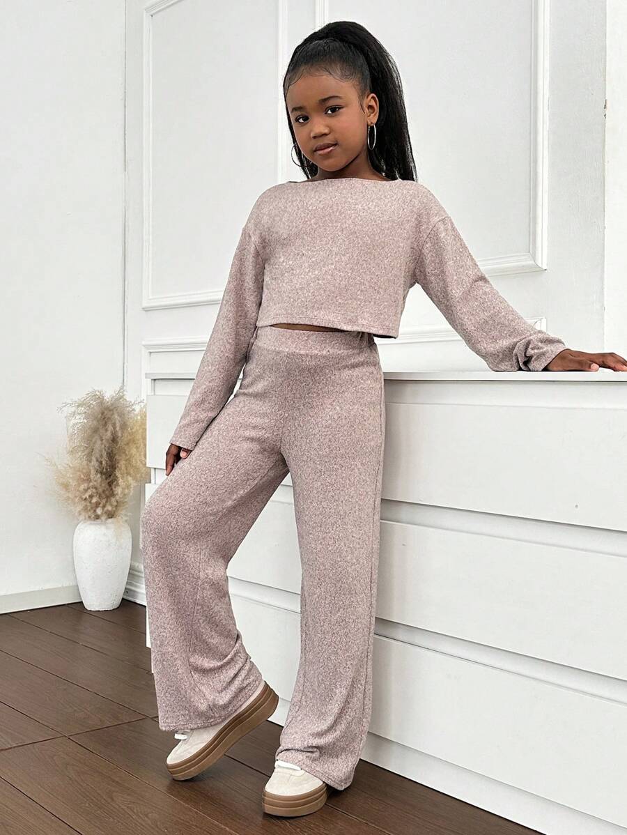 SHEIN Tween Girl 休闲保暖针织蓬松超大露肩长款 T 恤和阔腿裤套装 - 藕粉色 - 查看 1