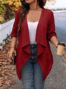 SHEIN LUNE Plus Size Winter Fashion Asymmetric Collar Design Long Knit Cardigan For Going Out And Work Fall Autumn - Red - View 1