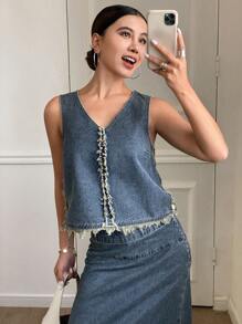DAZY Women Denim Vest And Frayed Hem Denim Skirt Set - Medium Wash - View 5