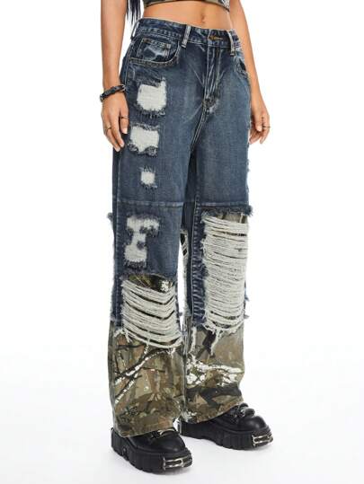 Fairycore Jeans en denim vintage déchiré de style patchwork avec poches, style Y2K, pour femmes