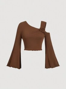 SHEIN MOD 大码女式不对称领口喇叭袖棕色 T 恤上衣 - 棕色 - 查看 1