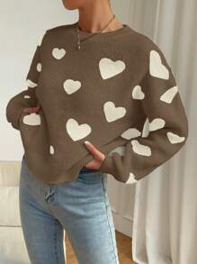 Chiquease Heart Print Round Neck Casual Versatile Long Sleeve Pullover Sweater - Mocha Brown - View 5