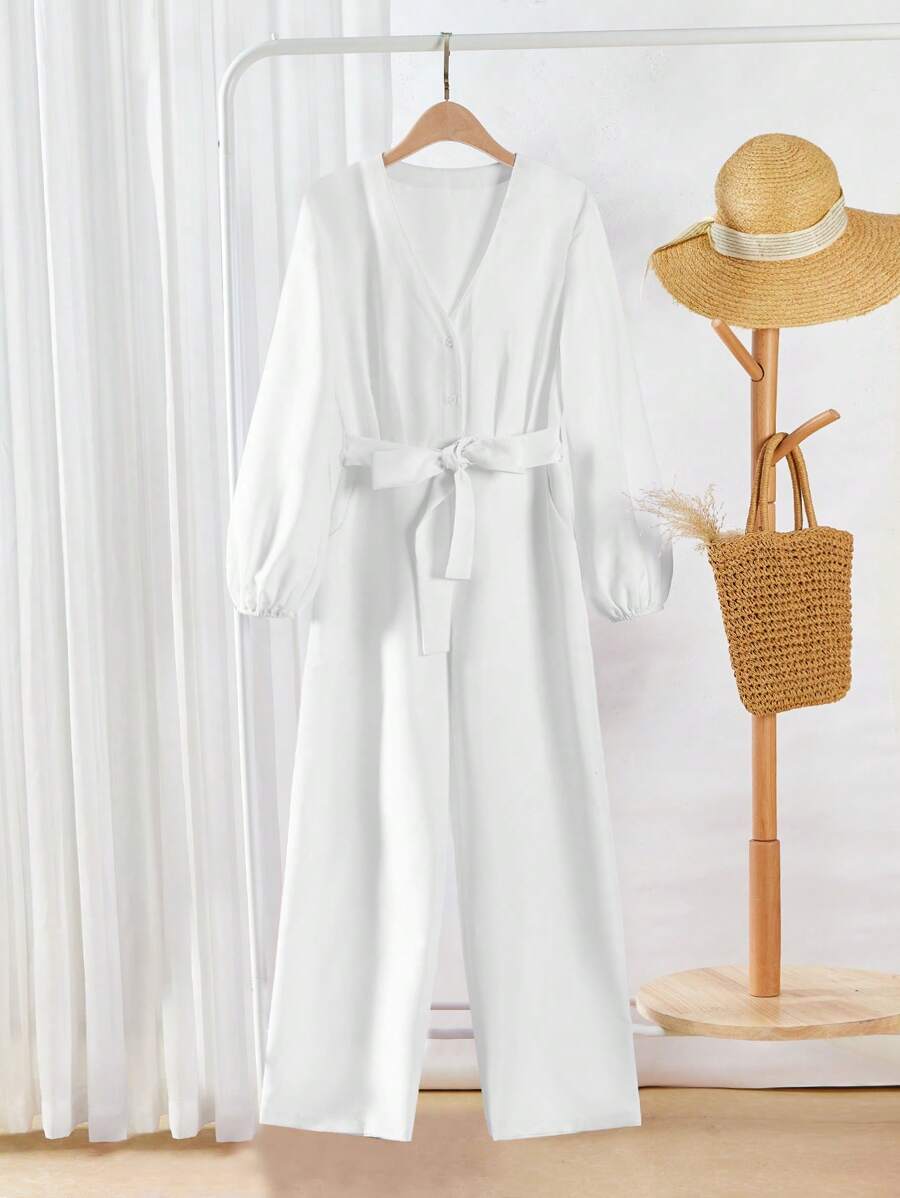 SHEIN LUNE Women's Solid Color V-Neck Front Tie Casual Long Sleeve Jumpsuit - White - View 1