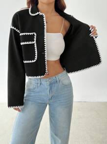 SHEIN PETITE Contrast Binding Cropped Overcoat For Autumn & Winter - Black - View 9