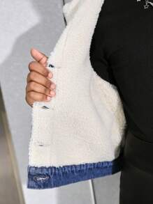 SHEIN Tween 女童蓝色牛仔保暖连帽背心，秋冬款 - 中等水洗藍 - 查看 5