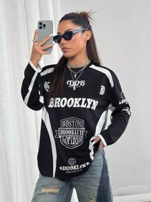 StreetHx Letter Print Mesh Contrast Drop Shoulder Long Sleeve T-Shirt For Women Graphic Tees Women Tops For Spring Fall Cloth For Women - Black - View 4