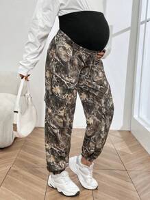 SHEIN 孕妇翻盖口袋植物印花工装裤 - 軍綠色 - 查看 4