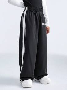 SHEIN Tween Boys Letter Print Pockets Side Stripe Wide Leg Loose Casual Pants