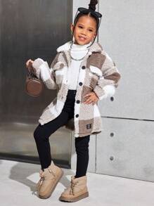 SHEIN SLAYR KIDS 3pcs/Set Young Girl Casual Plaid Reversible Fleece Warm Mid-Length Jacket, Long Sleeve Knit Top And Leggings Young Girl Winter Outfits Girls