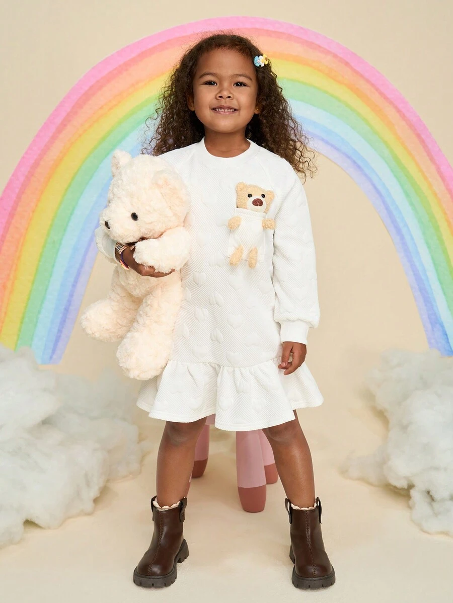 SHEIN 年轻女孩纯色针织立领 3D 卡通图案宽松休闲运动衫 - 白色 - 查看 1