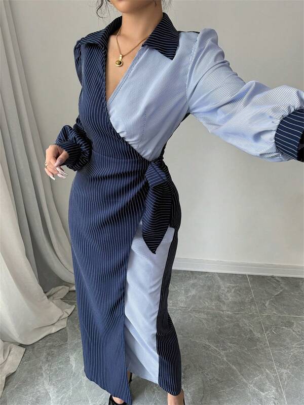 Modelyn Women Elegant Waist Fitted Striped Midi Dress,Suitable For Spring/Summer