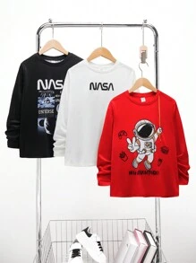 SHEIN Leap Crew 3pcs/Set Teen Boys' Casual Printed Pattern Crew Neck Long Sleeve Knit T-Shirt, 3 Designs One Set, Suitable For Daily, Leisure, Travel, Sports, Spring/Summer/Autumn/Winter - Red - View 2