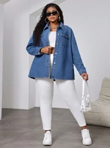 SHEIN Essnce Chaqueta vaquera de talla grande, estilo informal de manga larga con forro polar azul ahuecado, disfraz de Navidad para mujer, ropa de Acción de Gracias, atuendo de regreso a casa, ropa de invierno, disfraz de vaquera, chaqueta de forro polar y vaquera de invierno para mujer, chaquetas de mujer para otoño, chaqueta de forro polar