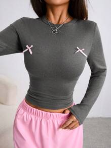 Chiquease 女式休闲蝴蝶结装饰长袖T恤，秋季图案T恤，春季女式上衣