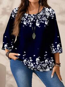 EMERY ROSE Blusa holgada de cuello redondo de manga 3/4 con estampado integral para mujer talla grande, otoño/invierno
