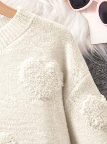 Tween Girl Jacquard Heart Pattern Loose Fit Casual Midi Dress For Early Winter, Versatile Layering Piece