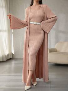 Modelyn Conjunto elegante de 2 piezas con textura en la cintura para mujer, conjunto de 2 piezas para otoño/invierno - Rosa vieja - Ver 3