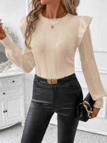 SHEIN Clasi Áo len mùa đông thanh lịch dành cho nữ với thiết kế bèo nhún và họa tiết đan hoa, thích hợp cho các bữa tiệc, công việc, mua sắm, đi chơi và tụ tập, áo len mùa thu, trang phục thanh lịch cho phụ nữ, trang phục mùa đông - Màu be - Xem 6