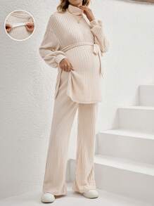 SHEIN 2 件套孕妇休闲纯色立领长袖上衣和裤子套装，舒适休闲 - 杏色 - 查看 5