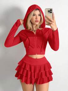 Sweetina Women 2pcs Set - Slim Fit Velour Short Jacket & Layered Mini Skirt - Red - View 1