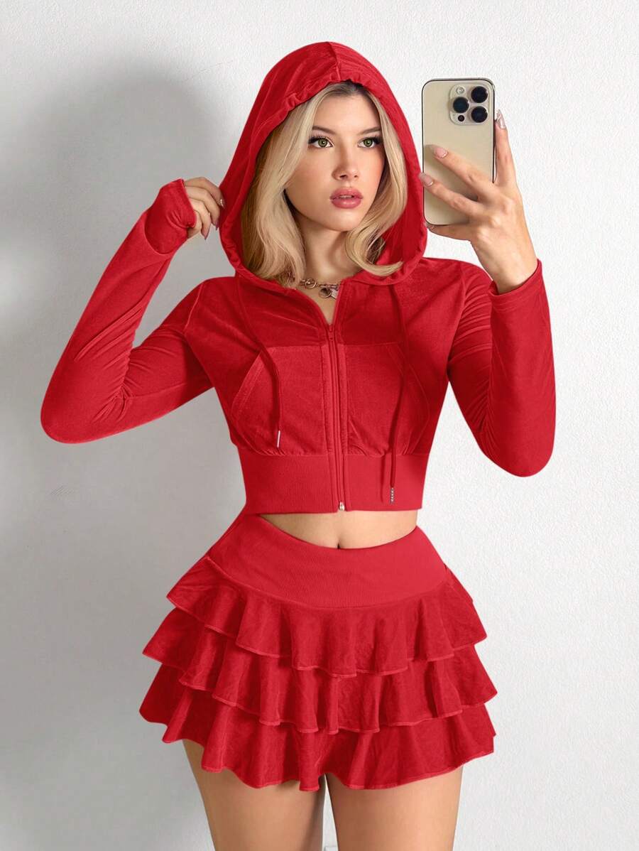 Sweetina Women 2pcs Set - Slim Fit Velour Short Jacket & Layered Mini Skirt - Red - View 1