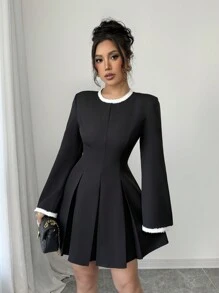 Elenzga Elegant Long Sleeve Dress With Decorative Collar Fall Cloth For Women