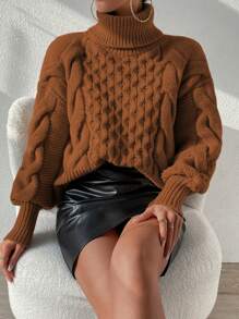 SHEIN Clasi 休闲纯色高领灯笼袖针织毛衣，秋冬针织套头衫 - 棕色 - 查看 6