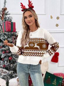 Chiquease 女士圆领长袖印花简约休闲针织套头衫，秋冬款 - 彩色 - 查看 5