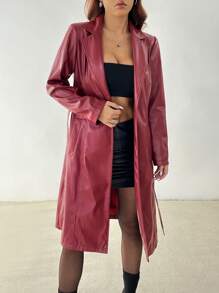 SHEIN PETITE Nueva chaqueta de PU de cuello alto extra larga y cálida, otoño/invierno, para mujeres de talla pequeña - Burdeos - Ver 6