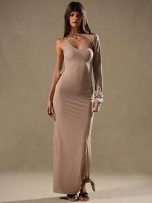 MUSERA Cut Out Asymmetrical Neck Maxi Dress Elegant Spring Summer Vacation Prom Fall Long Dress Graduation Prom - Khaki - View 5