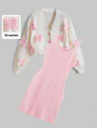 ROMWE Kawaii 2pcs/Set Women Long Sleeve Bowknot Cardigan And Knitted Camisole Dress Outfit, Autumn/Winter