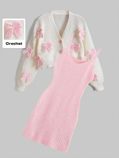 Kawaii Set de 2 piezas para mujer: Cárdigan de manga larga con moño y vestido camisola de punto, para otoño/invierno
