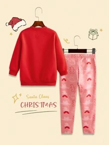2 sztuki Zestaw dla młodej dziewczyny Okrągły dekolt Długi rękaw Drukowany swobodny top i spodnie, na Boże Narodzenie